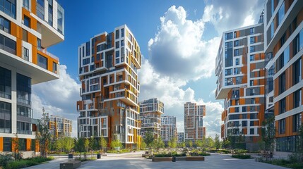 Fototapeta premium Towering structures with bold colors rise against a stunning blue sky, surrounded by landscaped greenery, creating a lively urban setting during daytime