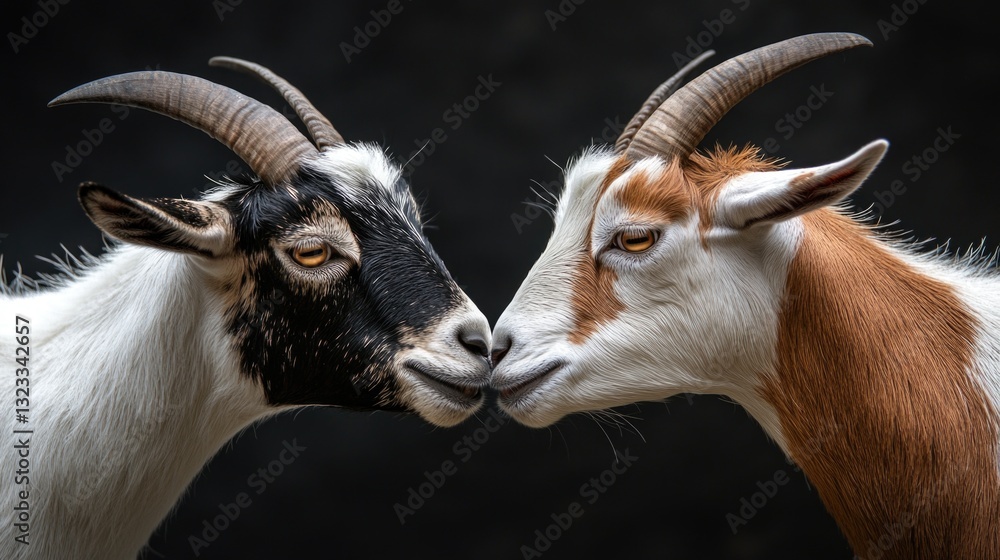 Poster a pair of goats standing side by side, possibly grazing or resting