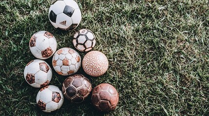 Exciting soccer ball collection displayed on lush grass field outdoor sports environment aerial view