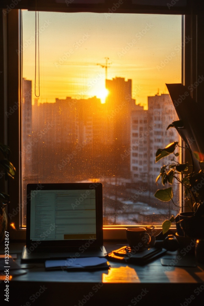 Poster a laptop computer placed on a desk near a window, perfect for remote work or study