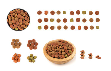 Dry pet food, dog color kibble pile, puppy meat and vegetable pellets, canine protein granules