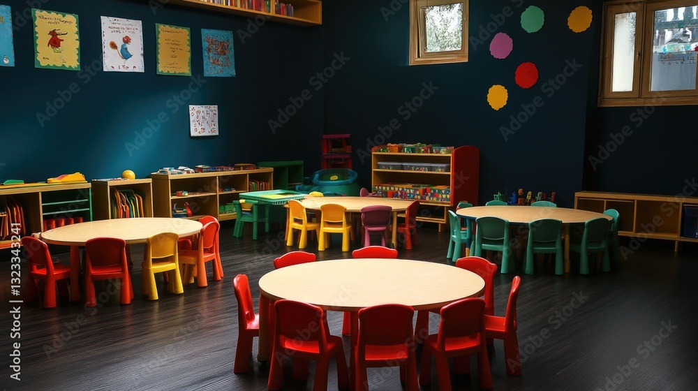 Poster a cozy space filled with multiple colorful tables and chairs, perfect for events or gatherings