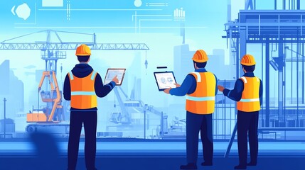 Three construction workers using tablets at a construction site.