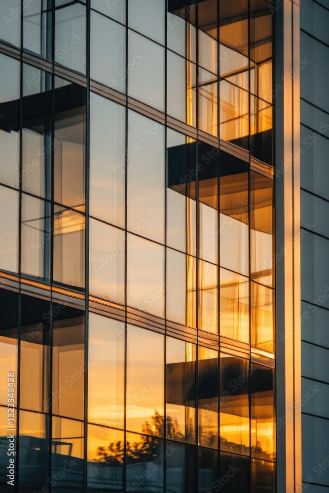 Aufkleber a tall building with many windows reflecting the warm colors of a setting sun