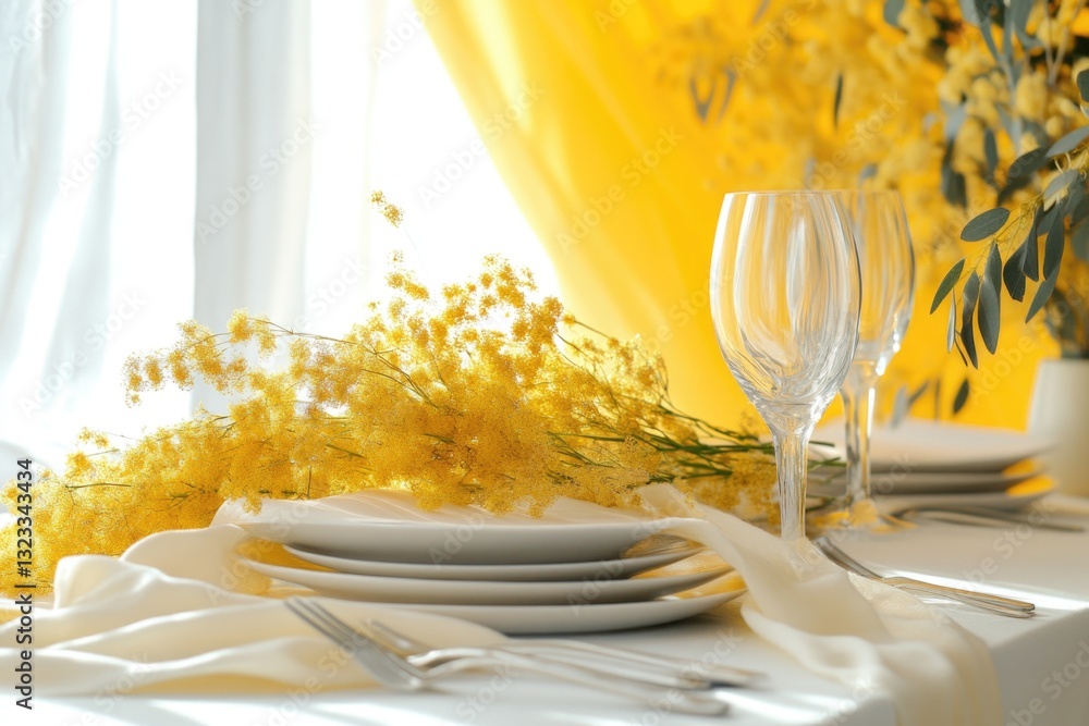 Aufkleber a table with multiple plates and glasses, ideal for use in stock photography or food styling