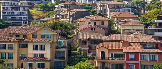Fototapeta premium Vibrant hillside community featuring various architectural styles and colorful houses surrounded by greenery.