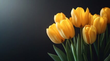 Naklejka premium Yellow tulips against a dark background with copy space