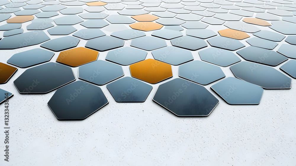 Poster abstract hexagonal geometric pattern design with orange and grey tiles on white surface backdrop