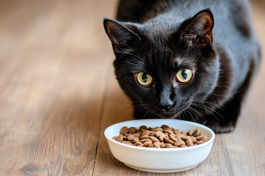 Curious black cat eating dry cat food from a white bowl on a wooden floor
