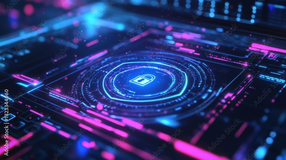 Poster glowing padlock icon is displayed on a futuristic digital interface, symbolizing cybersecurity and d