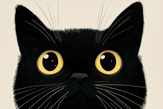 Cute close-up illustration of a black cat in minimalist style