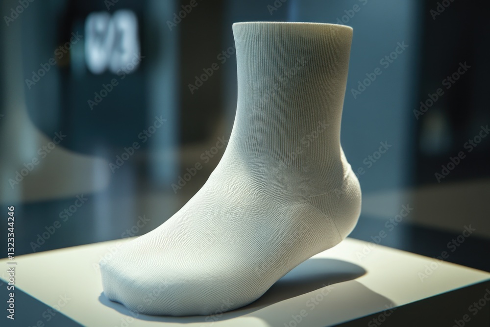 Poster a single white sock sitting on a flat surface, possibly used for storage or display