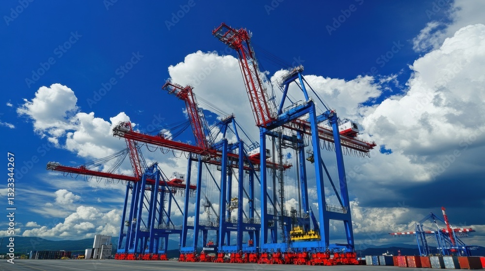Poster a massive shipping container terminal being built with industrial cranes in action