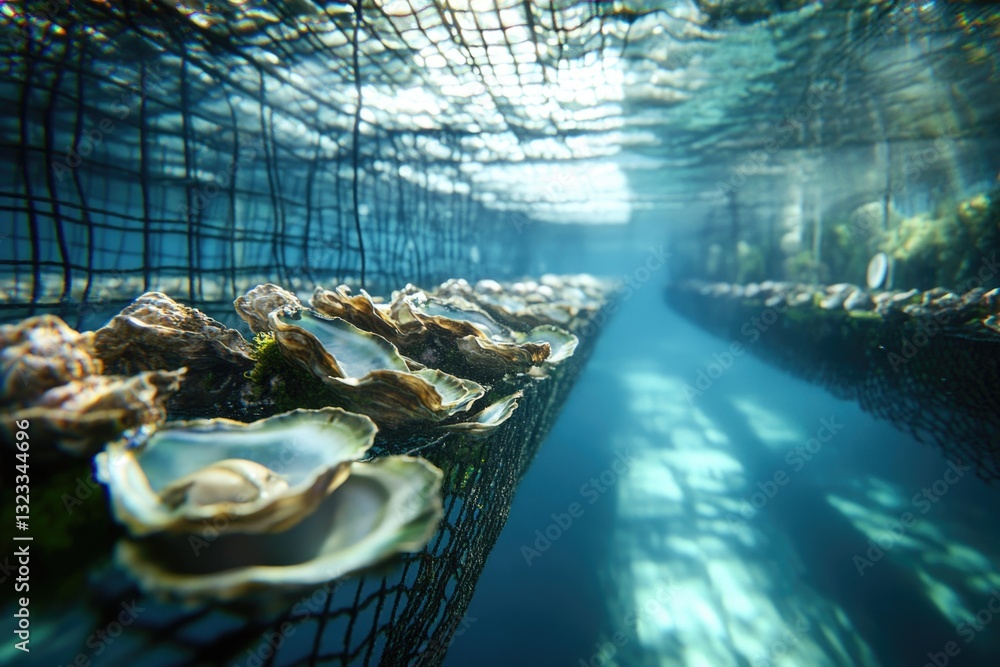 Poster a close-up view of a bunch of oysters held captive in a wire mesh cage