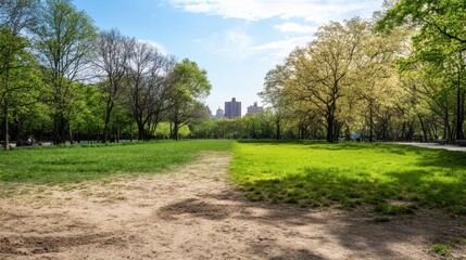 Obraz premium A sunny park scene featuring green grass, trees, and a skyline in the background, inviting outdoor leisure activities.