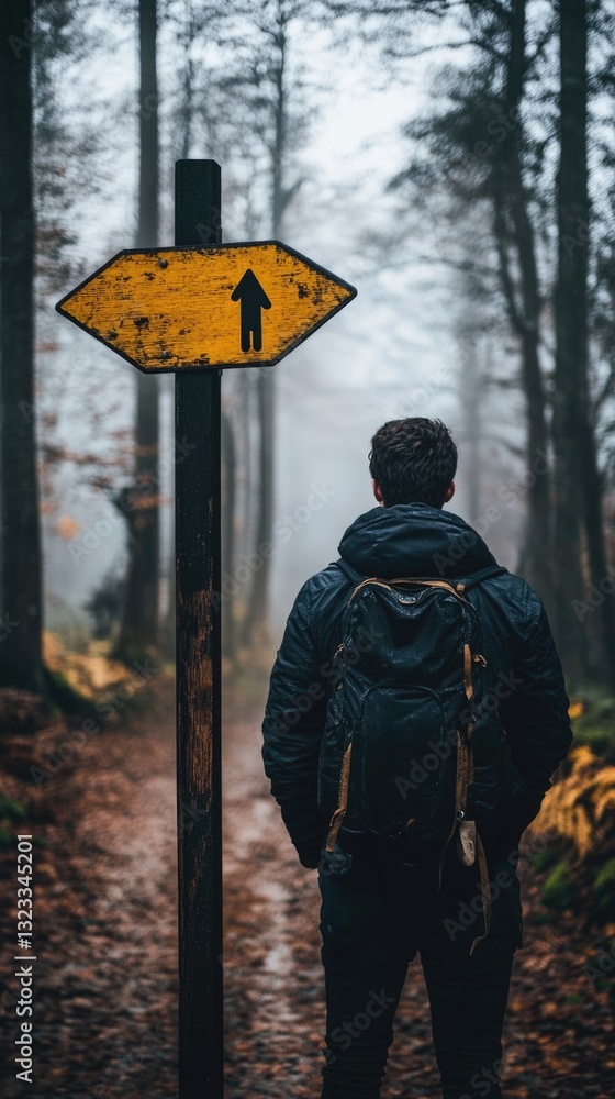 Poster a person standing in front of a bright yellow warning or informational sign, likely in an outdoor se