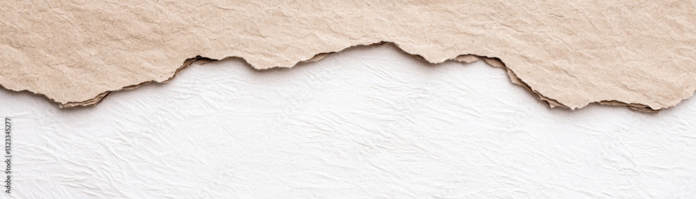 Poster a close-up of torn paper edges, showcasing a textured beige layer above a smooth white surface, crea