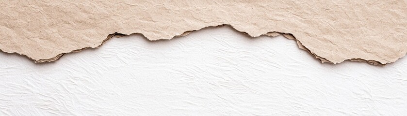 A close-up of torn paper edges, showcasing a textured beige layer above a smooth white surface, creating a visually appealing contrast.