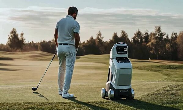 Golfer interacting with a robotic caddy on a sunlit golf course, showcasing modern technology in sports