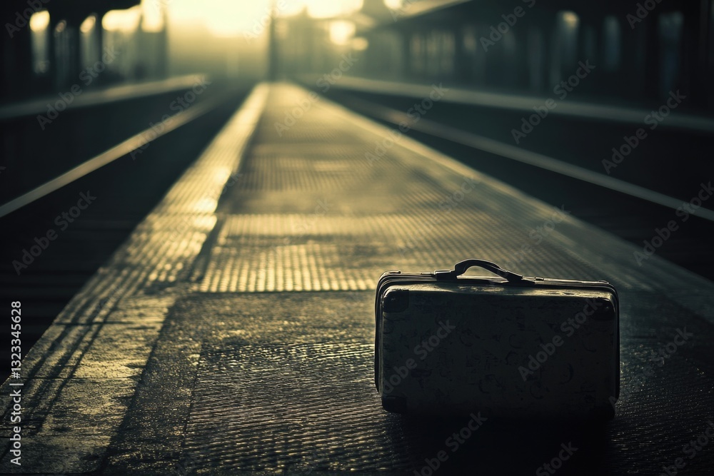 Poster a suitcase sits on a platform in a train station
