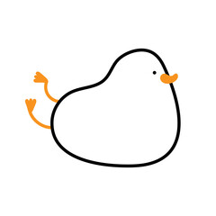 Funny hand drawn goose. Goose lies and waves its paws. Chubby duck lies. Funny character, mascot. Good for children's clothing print, stickers. Vector illustration isolated