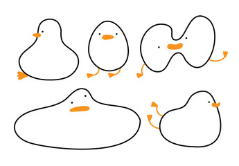 Funny goose set. Cute kawaii goose. Cartoon funny duck characters. Hand drawn style. Sketch for your design. Good for decorating kitchen, design for menu, logo, card, farming. Vector illustration