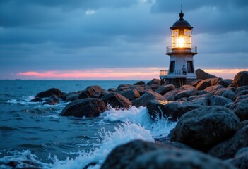 A serene lighthouse illuminating the rocky shore at dusk