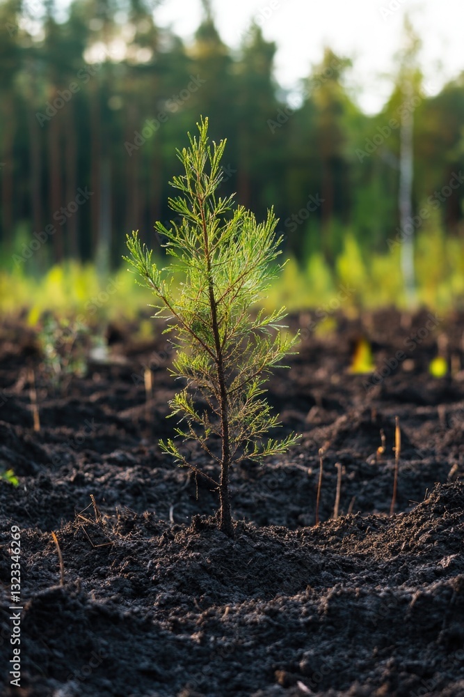 Poster a small pine tree stands tall in the center of an open field, surrounded by lush green grass and blu