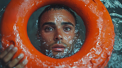 Man with wet hair and bulging eyes holding a lifebuoy while partially submerged in water
