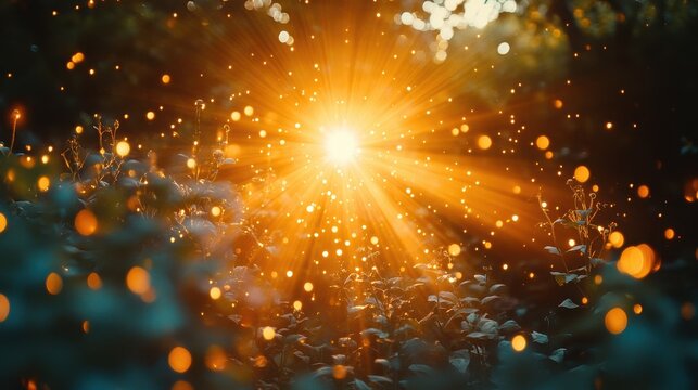Enchanting sunset with glowing light particles in a forest