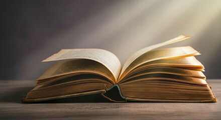 Fototapeta premium Open book under beam of light on wooden surface