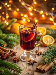 Transparent Glass of Mulled Wine with Festive Bokeh Background 