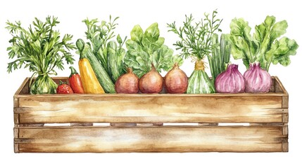 Vegetables and farm produce. Collection set watercolor fresh farm vegetables. Colorful vegetables in a wooden crate.