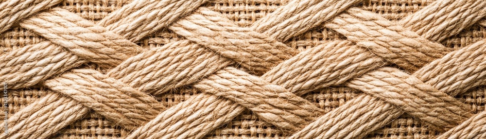 Poster a close-up view of interwoven natural fibers, showcasing a textured and intricate braided pattern in