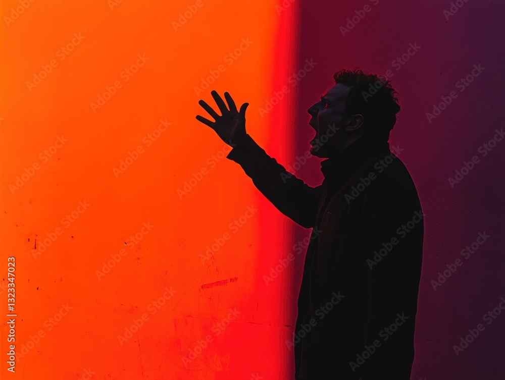 Poster a person standing in front of a vibrant red and orange background, perfect for use as a social media