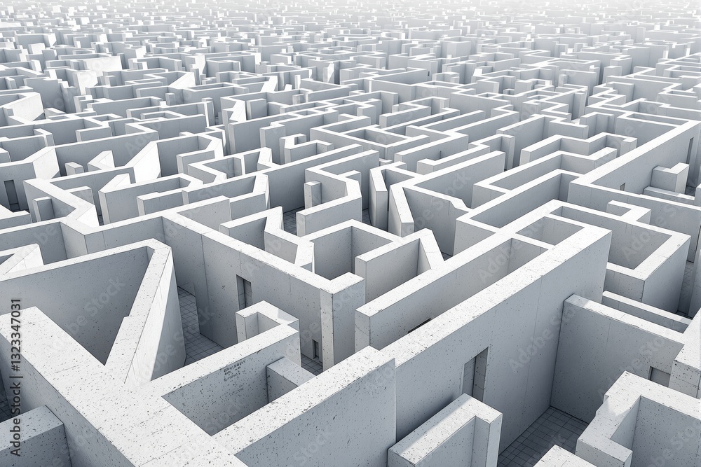 Poster endless white concrete maze with intricate paths and high walls, creating a complex and creative con