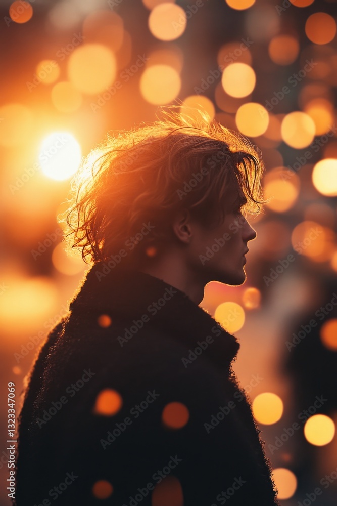 Aufkleber A woman standing in front of a colorful array of string lights