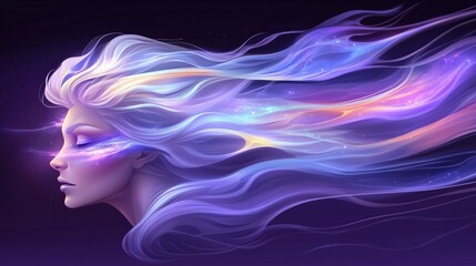 Fantasy-inspired woman with flowing cosmic hair illuminated by glowing streaks of blue and purple light. Celestial beauty