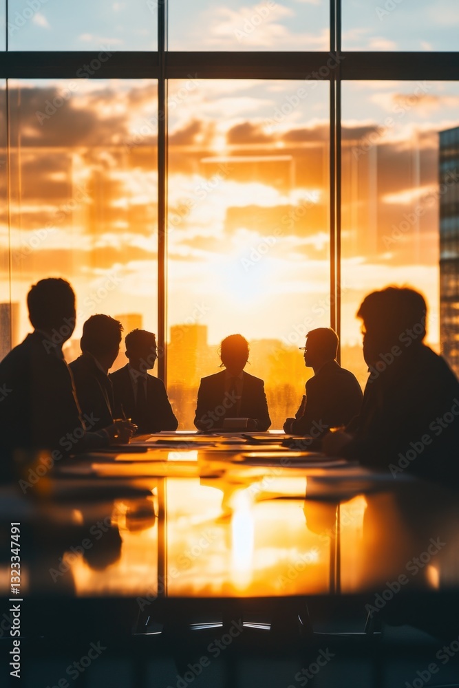 Poster group of people discussing and working together at a conference table