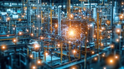 A modern industrial plant using digital twin technology to optimize production efficiency