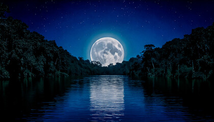 Fototapeta premium Full moon at night, the big full moon reflects on the calm lake, the moon's shadow on the river is beautiful at night.