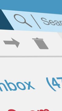 email client software interface, close-up view,number counter for inbox and spam emails, concept of online scam, phishing and malware (3d render)