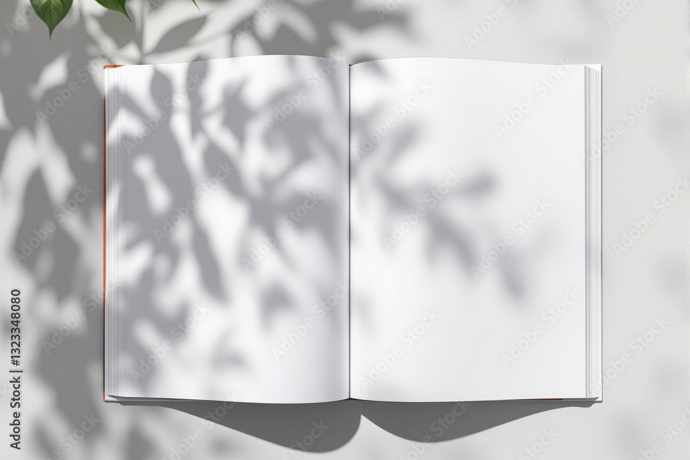 Poster open blank book with soft leaf shadows on a white background, creating a natural and minimalistic pr