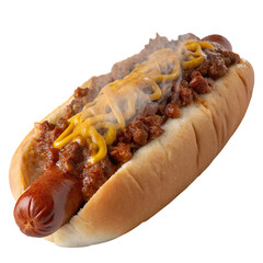 Chili Cheese Hot Dog with Sesame Bun Isolated on Transparent Background