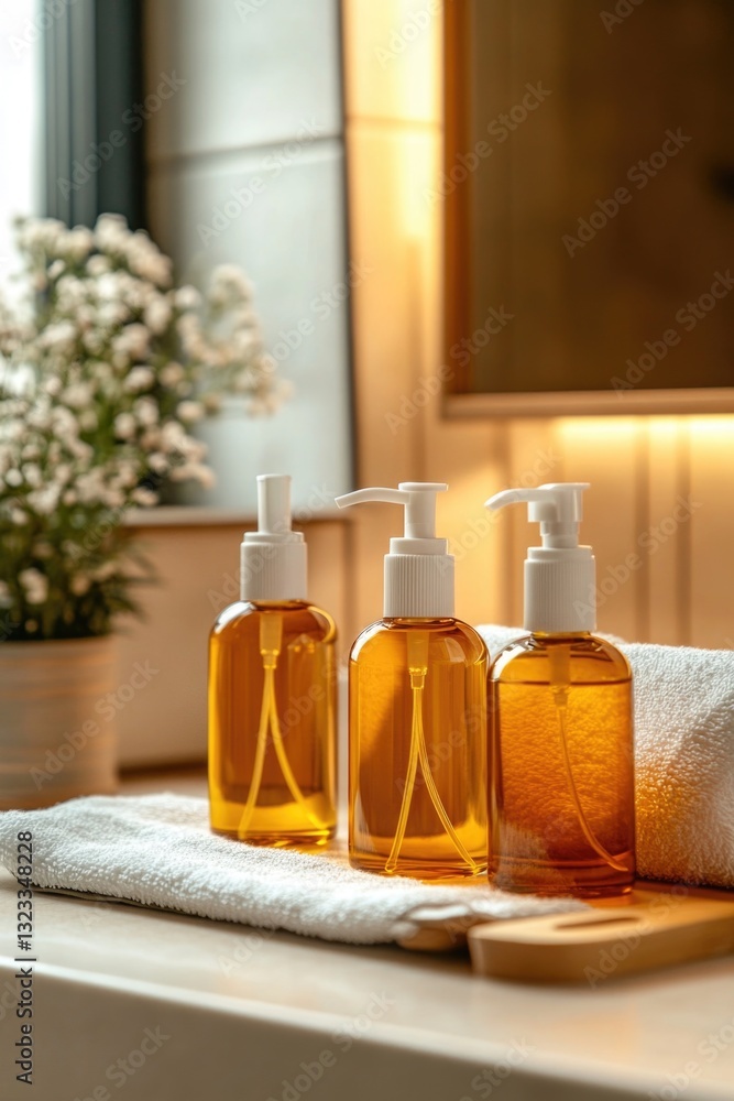 Poster two bottles of liquid sit on a counter, ready for use