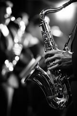 Obraz premium A musician plays saxophone as part of a band, with fellow musicians around him