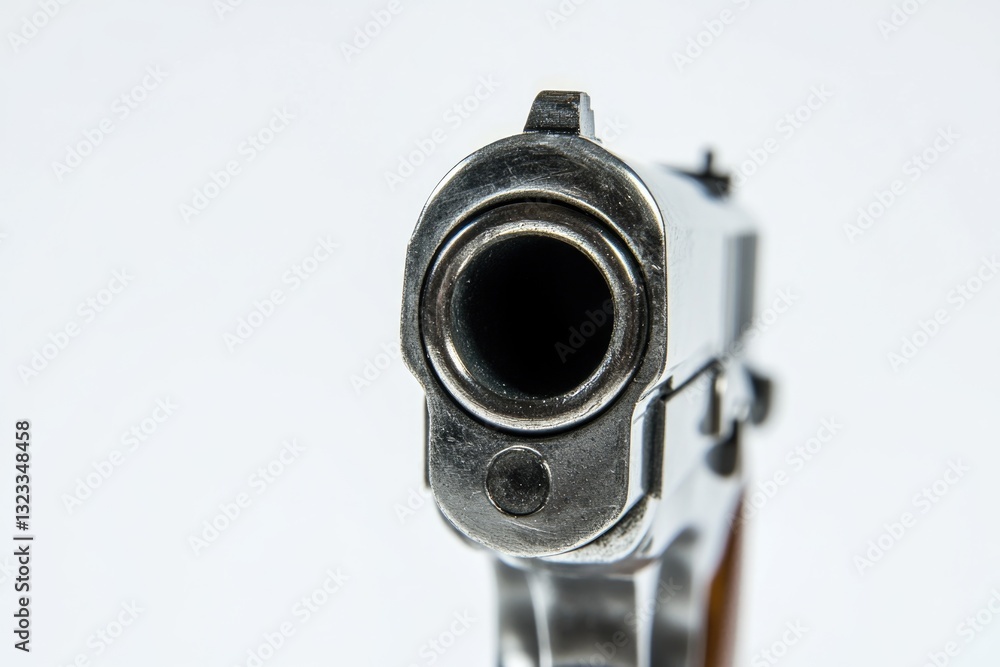 Poster a close-up shot of a gun on a white surface, perfect for use in editorial or commercial contexts
