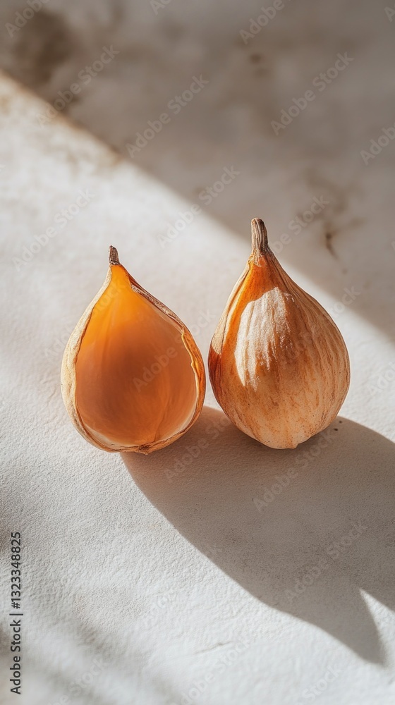 Poster a pair of onions resting on a table surface