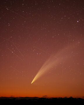 Busy night sky with Comet Atlas and 15 visible satellites.