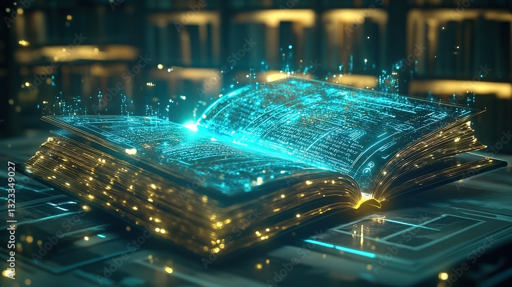 Wall mural an open book with holographic digital code floating above it